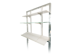 Wall shelf system: 2x rail, 2x supports (optional), 8x white snapper